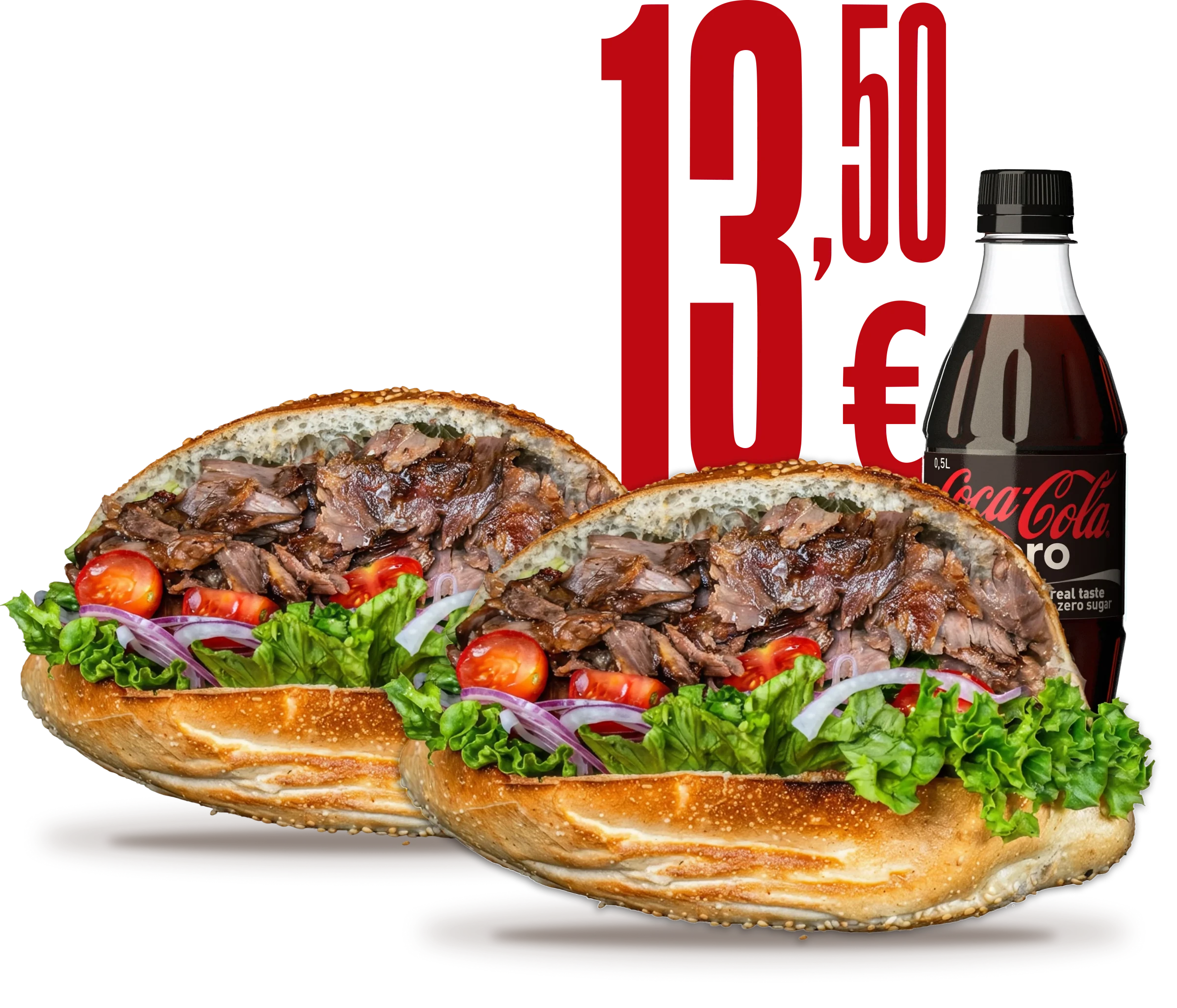 Zwei Steak-Döner, Coca-Cola Zero und Angebotspreis 13,50 Euro